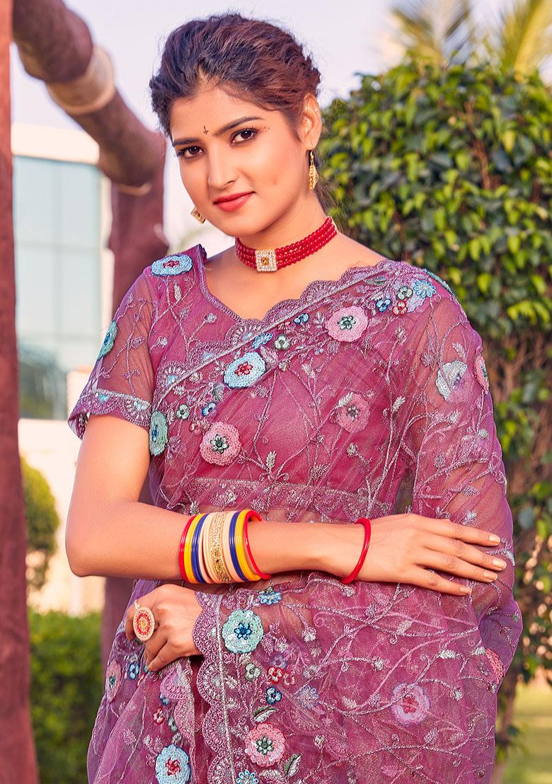 Dusty Gajari Embroidered Net Saree Set - Indya