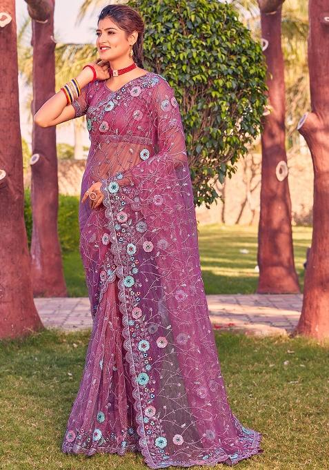 Dusty Gajari Embroidered Net Saree Set