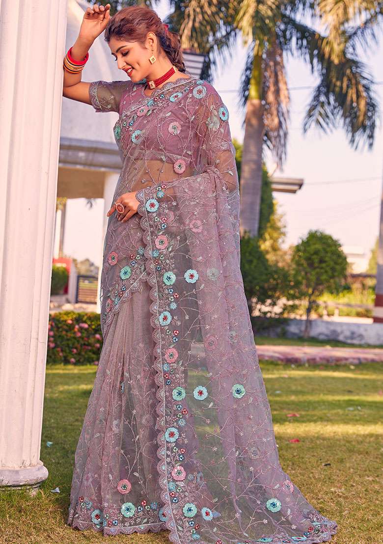 Dusty Lavender Embroidered Net Saree Set for Diwali and Festive Wear - Indya