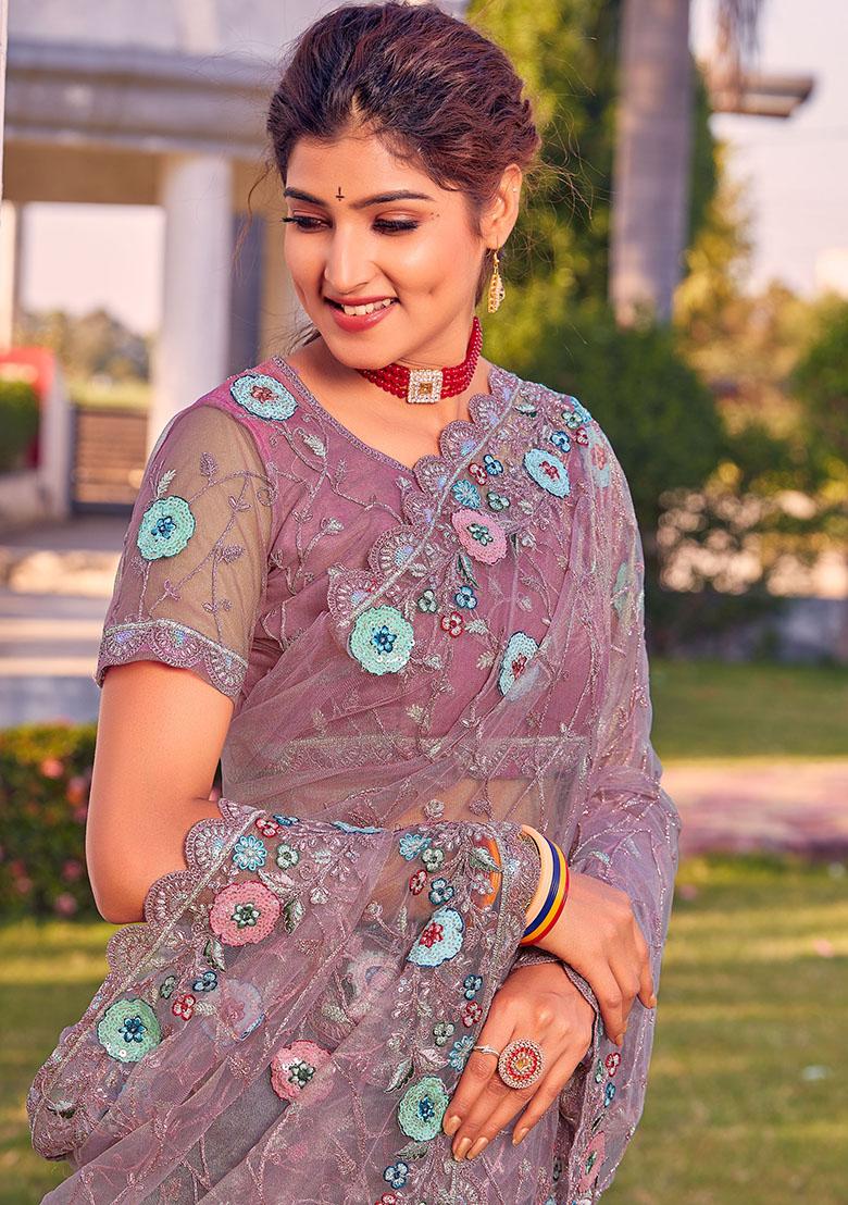 Dusty Lavender Embroidered Net Saree Set - Indya