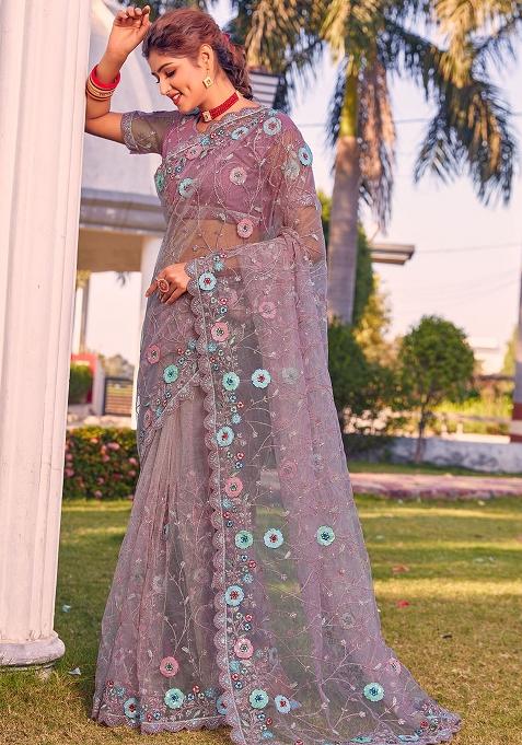 Dusty Lavender Embroidered Net Saree Set