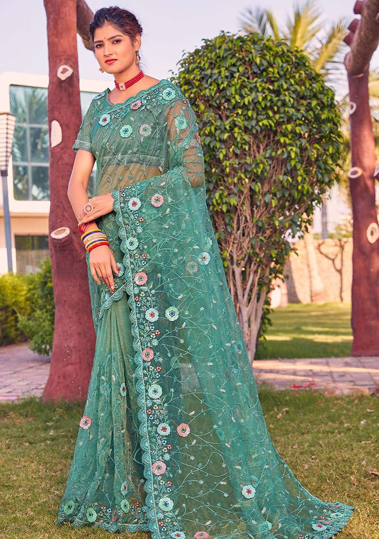 Dusty Firozi Net Saree Set with Embroidered for Diwali | Wedding & Festive Wear - Indya