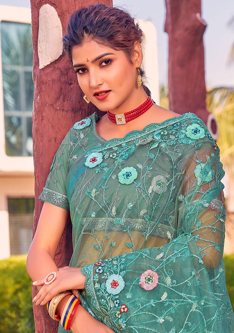 Dusty Firozi Embroidered Net Saree Set - Indya