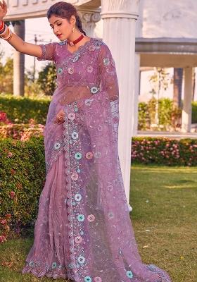 Dusty Pink Embroidered Net Saree Set