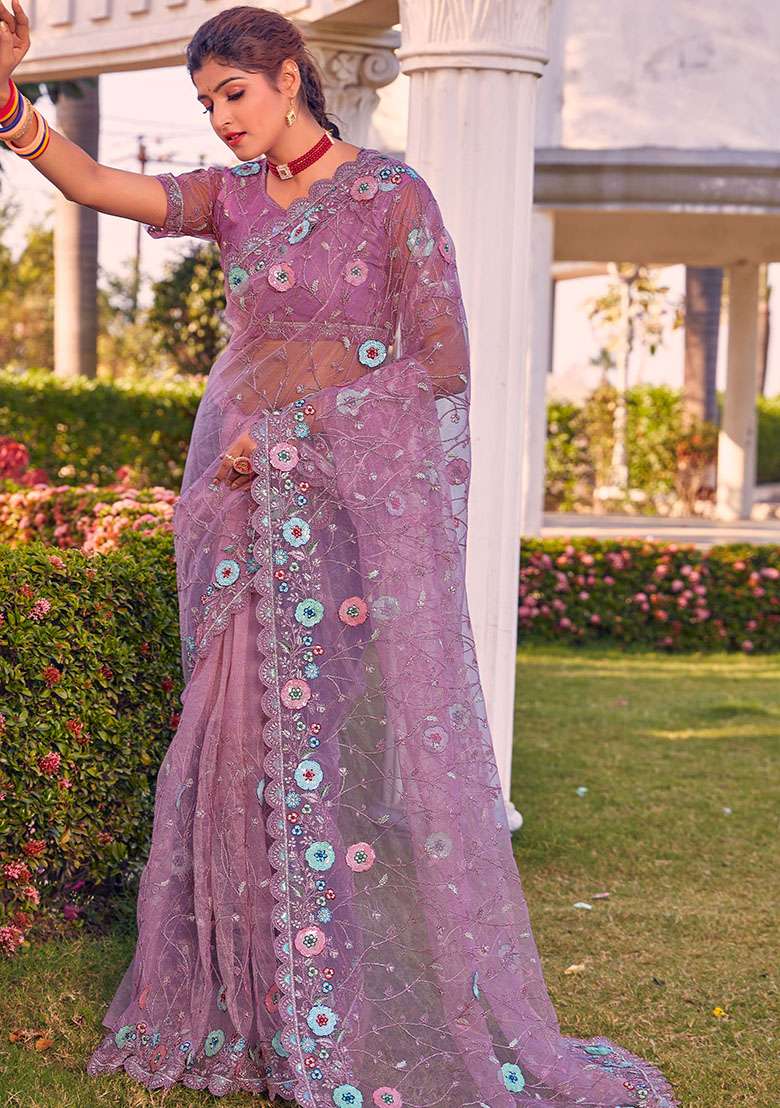 Dusty Pink Embroidered Net Saree Set for Diwali and Festive Wear - Indya