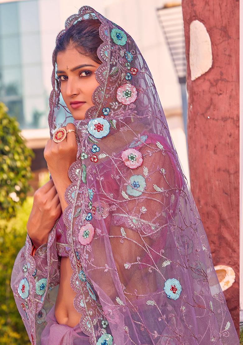 Dusty Pink Embroidered Net Saree Set - Indya
