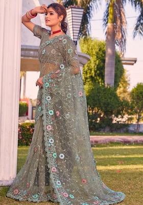 Dusty Pista Embroidered Net Saree Set
