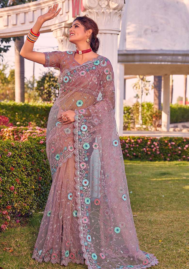 Dusty Peach Net Saree Set with Embroidered for Diwali | Wedding & Festive Wear - Indya
