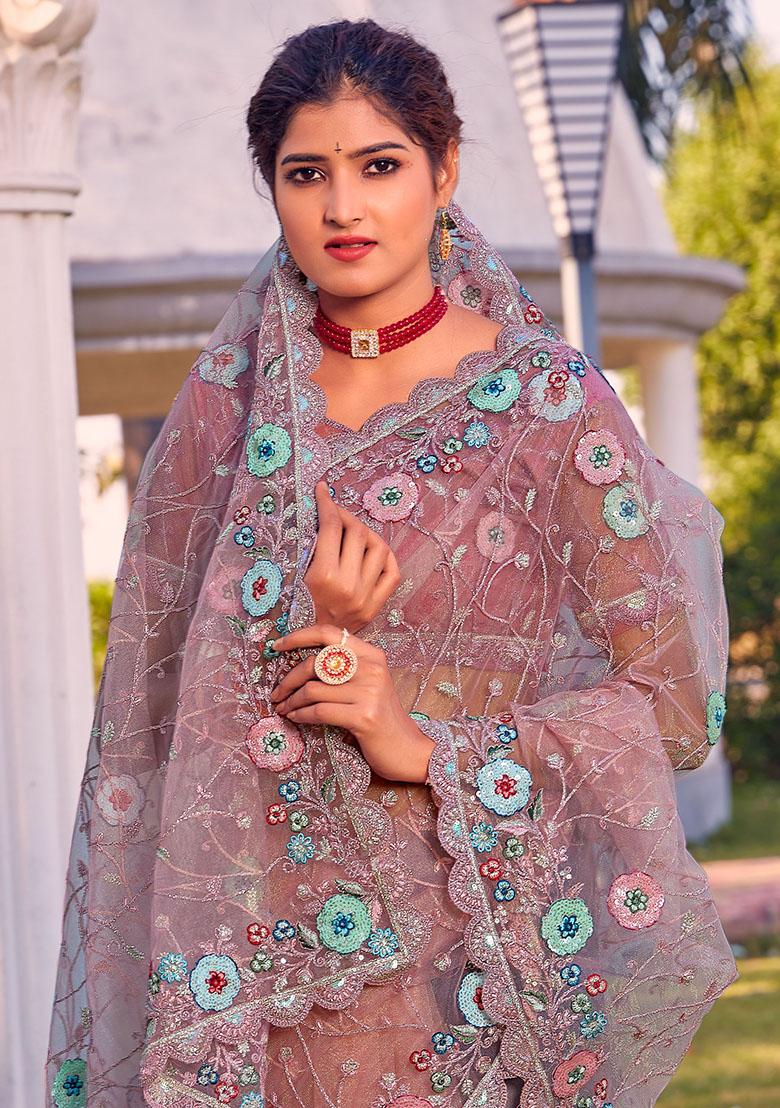 Dusty Peach Embroidered Net Saree Set - Indya