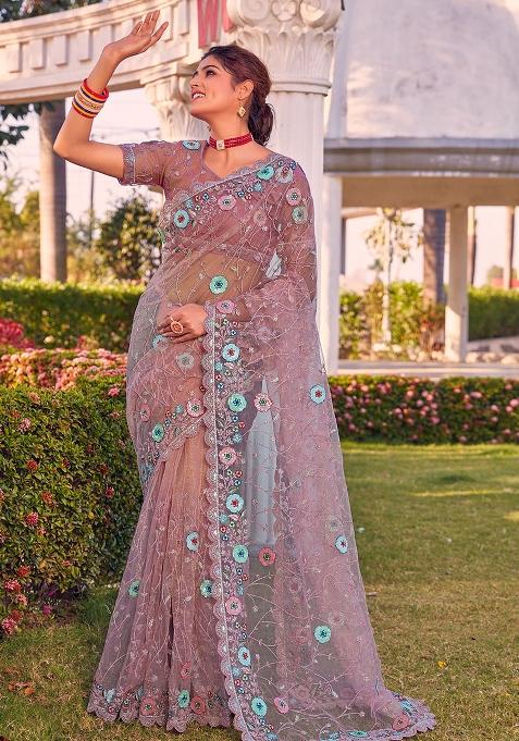 Dusty Peach Embroidered Net Saree Set