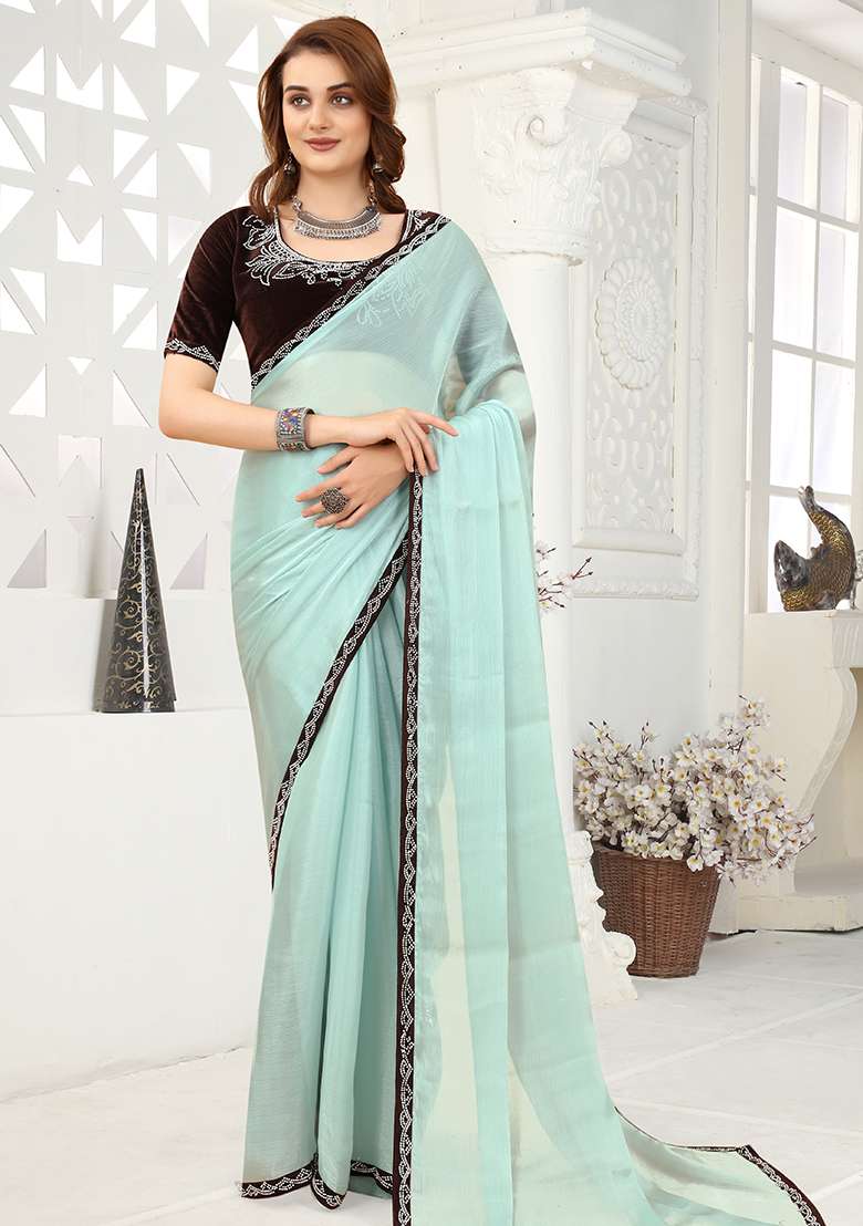 Sky Embroidered Silk Blend Saree Set for Diwali and Festive Wear - Indya