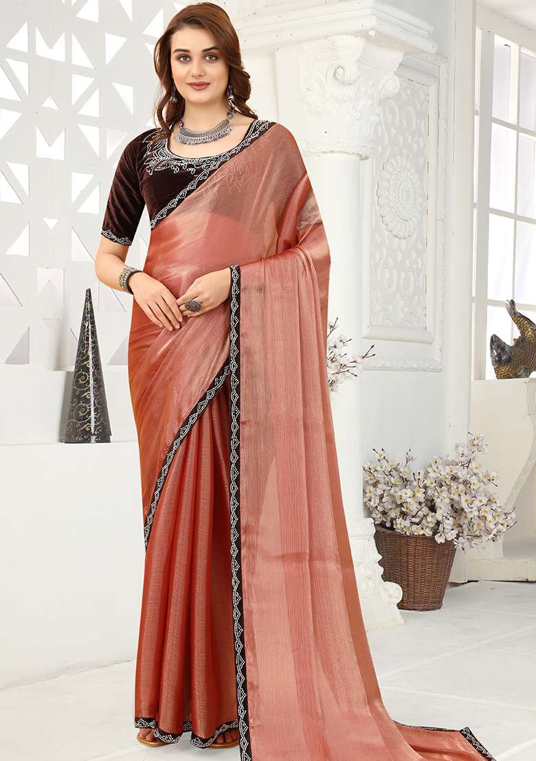 Rose Gold Silk Blend Saree Set with Embroidered for Diwali | Wedding & Festive Wear - Indya