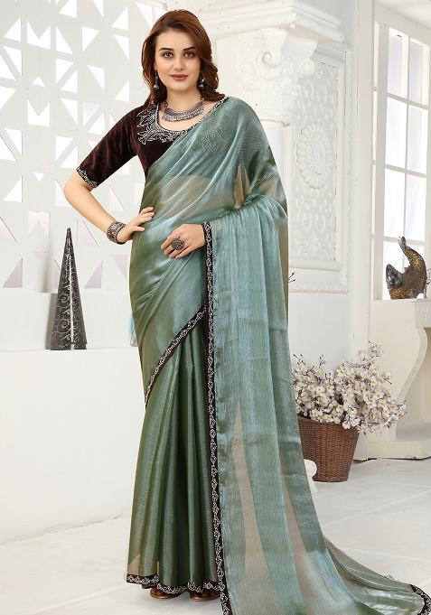Dusty C Green Embroidered Silk Saree Set