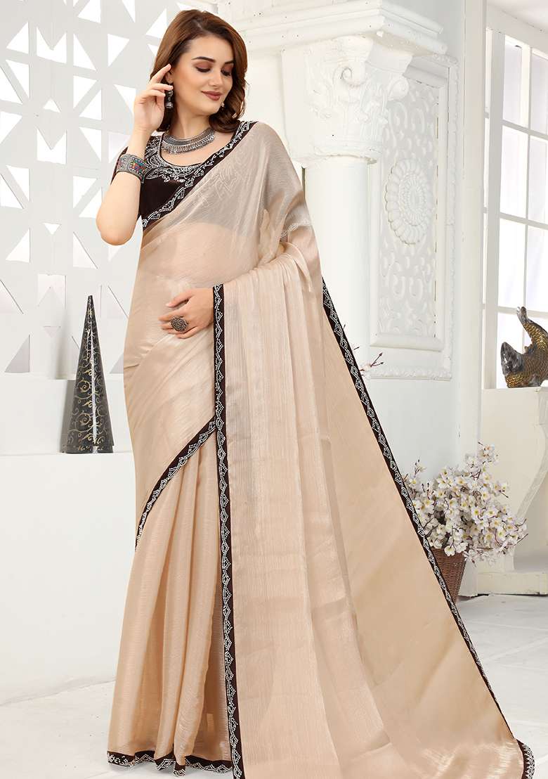 Chiku Silk Blend Saree Set with Embroidered for Diwali | Wedding & Festive Wear - Indya