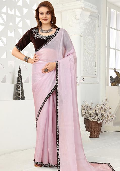 Lavender Embroidered Silk Saree Set
