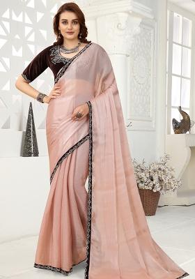 Peach Embroidered Silk Saree Set
