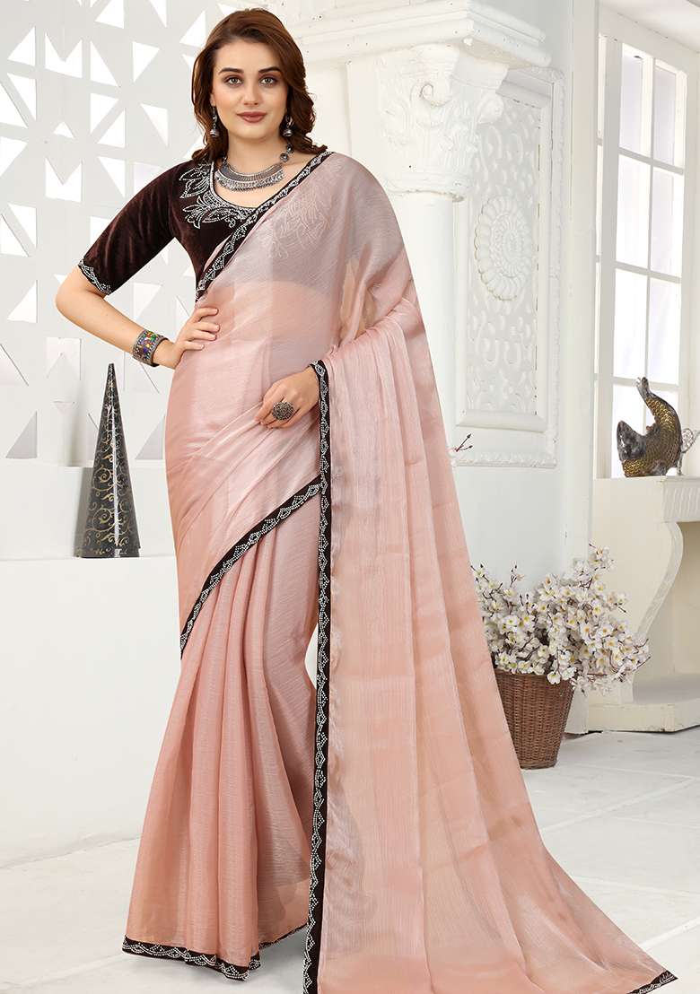 Peach Embroidered Silk Blend Saree Set for Diwali and Festive Wear - Indya