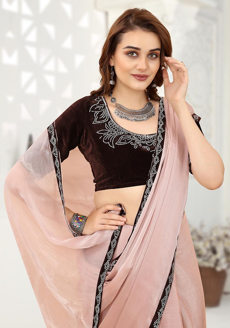 Peach Embroidered Silk Saree Set - Indya