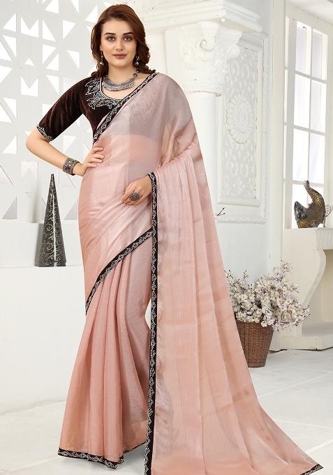 Peach Embroidered Silk Saree Set