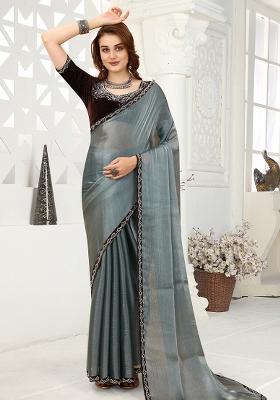 Grey Embroidered Silk Saree Set