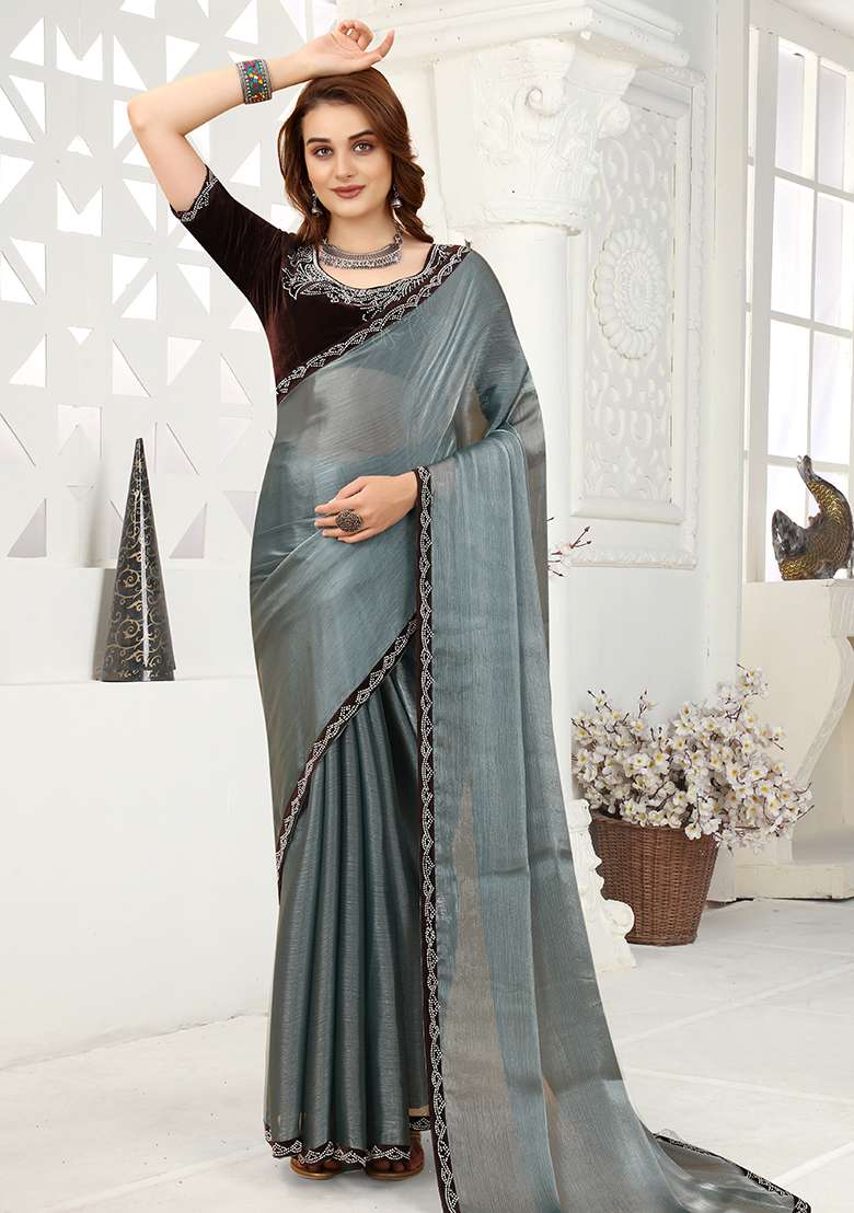 Grey Embroidered Silk Blend Saree Set for Diwali and Festive Wear - Indya