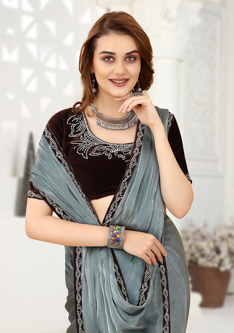 Grey Embroidered Silk Saree Set - Indya