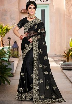Black Embroidered Silk Saree Set