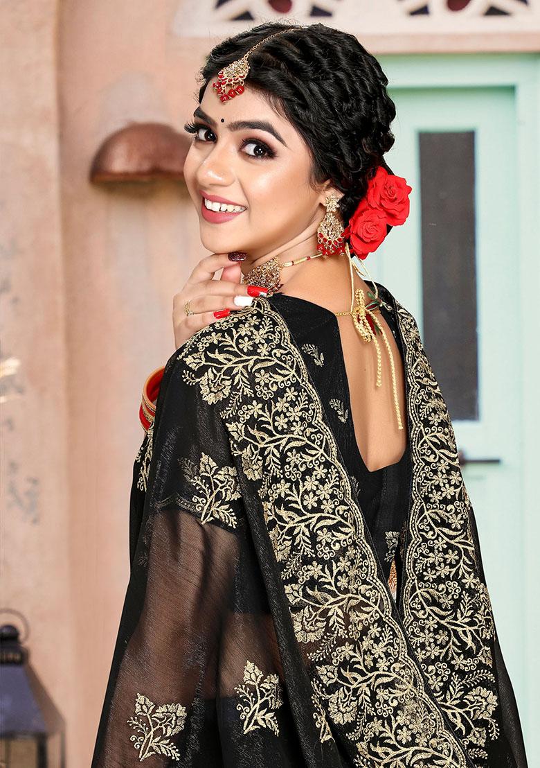 Black Embroidered Silk Saree Set - Indya
