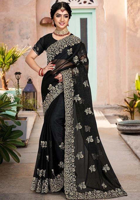 Black Embroidered Silk Saree Set
