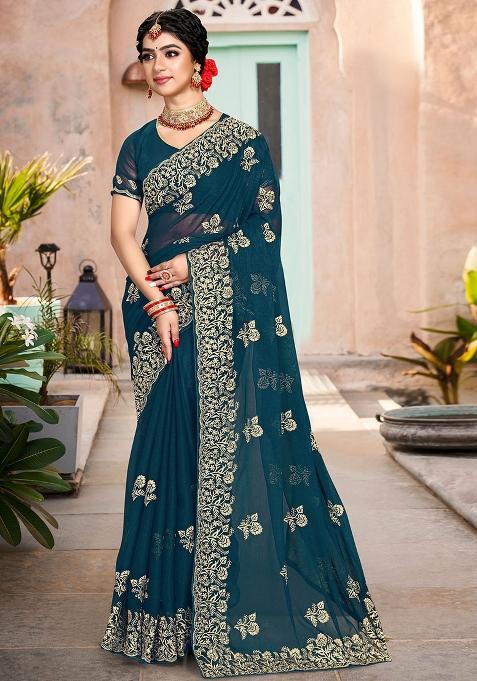 Morpeach Embroidered Silk Saree Set