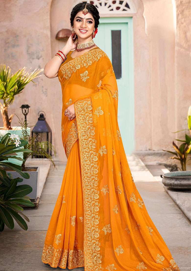Mustard Embroidered Silk Blend Saree Set for Diwali and Festive Wear - Indya