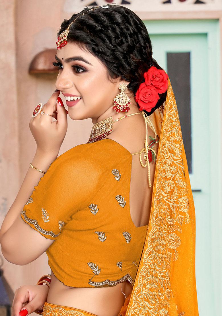 Mustard Embroidered Silk Saree Set - Indya