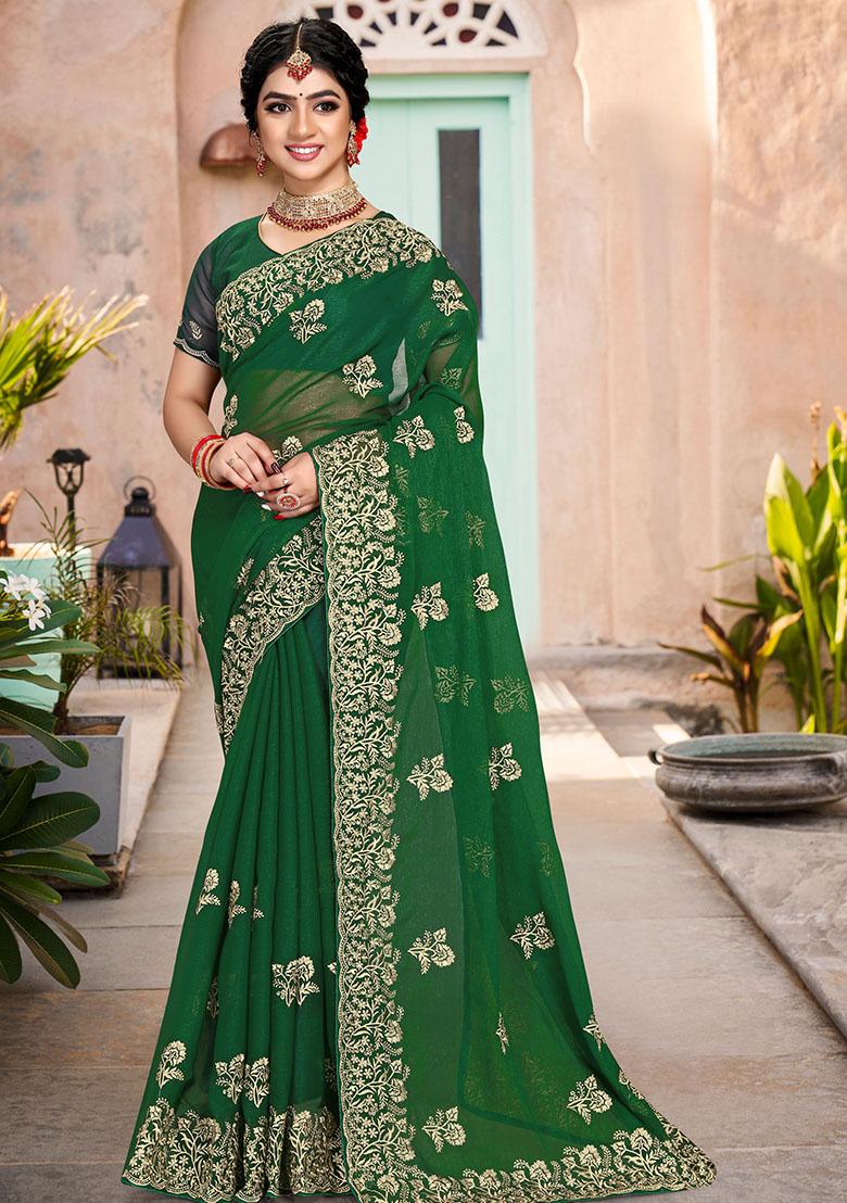 B Green Embroidered Silk Saree Set - Indya