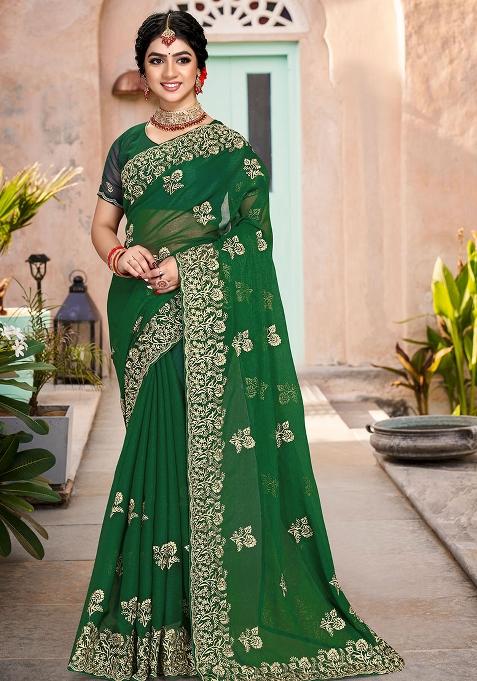 B Green Embroidered Silk Saree Set