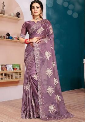 Lavender Embroidered Silk Saree Set