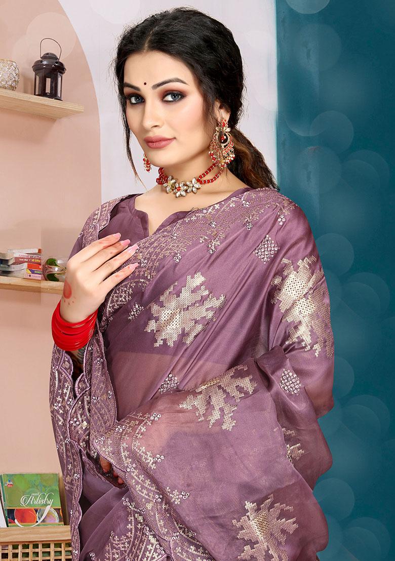Lavender Embroidered Silk Saree Set - Indya