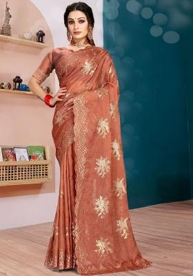 Rust Embroidered Silk Saree Set