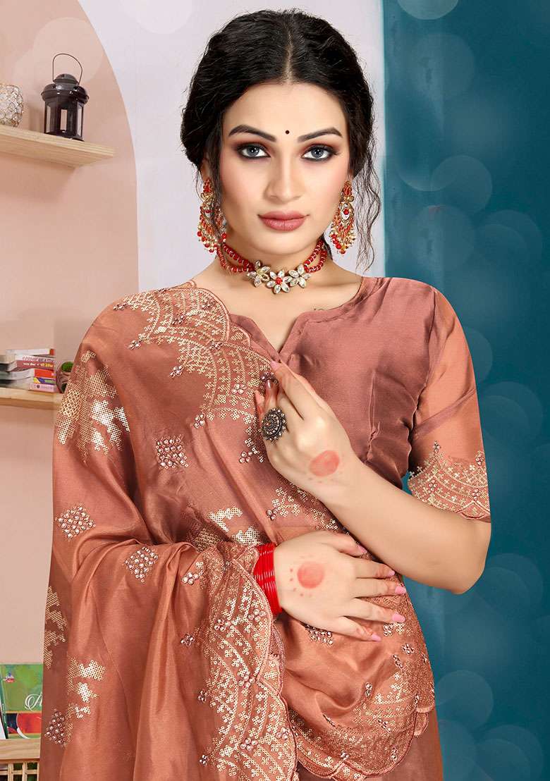 Rust Silk Blend Saree Set with Embroidered for Diwali | Wedding & Festive Wear - Indya