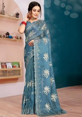 Dusty Sky Embroidered Silk Saree Set