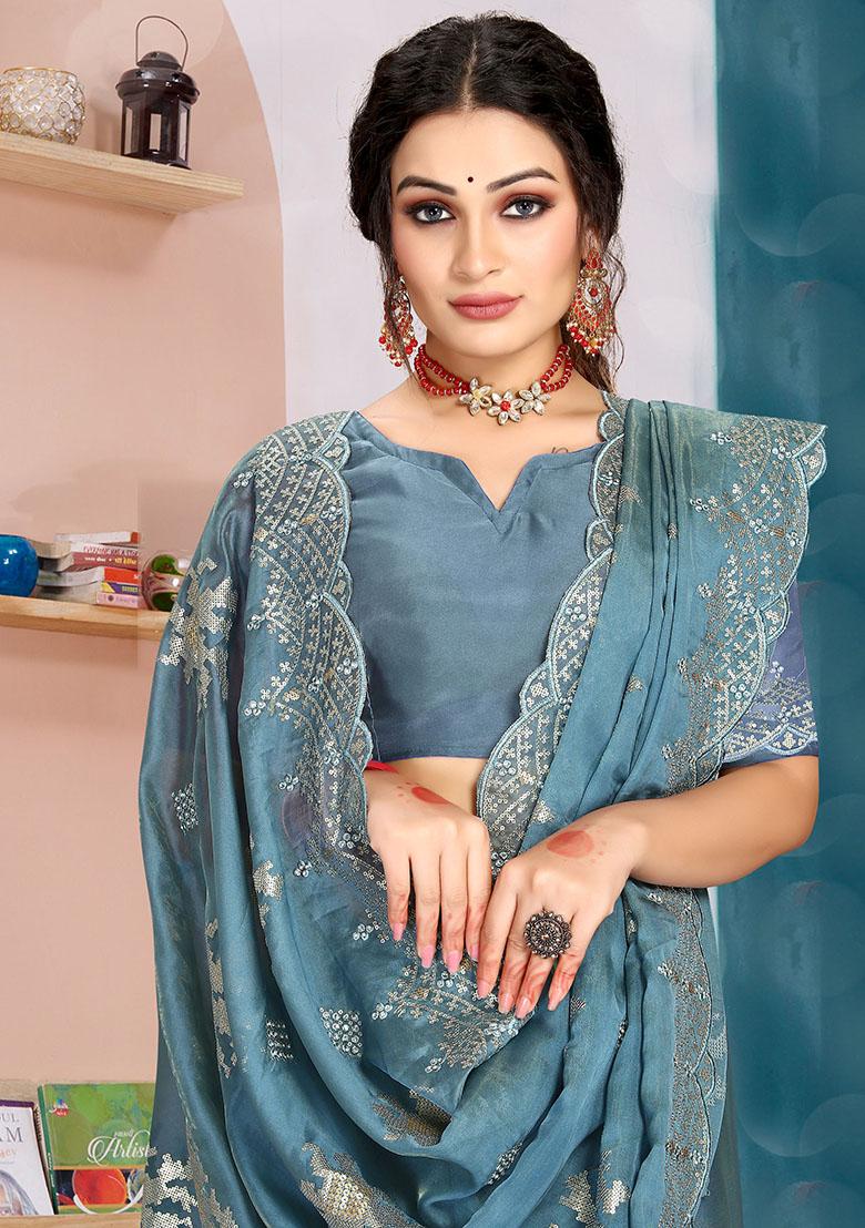 Dusty Sky Embroidered Silk Saree Set - Indya