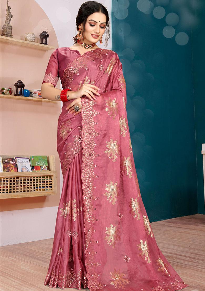 Dusty Pink Embroidered Silk Saree Set