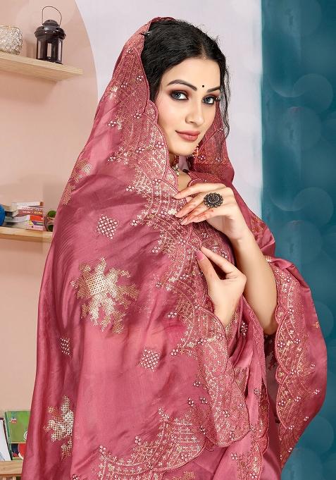 Dusty Pink Embroidered Silk Saree Set
