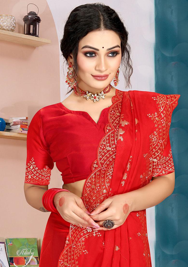 Red Embroidered Silk Saree Set - Indya