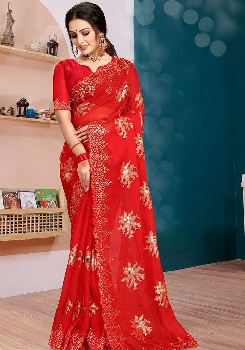 Red Embroidered Silk Saree Set