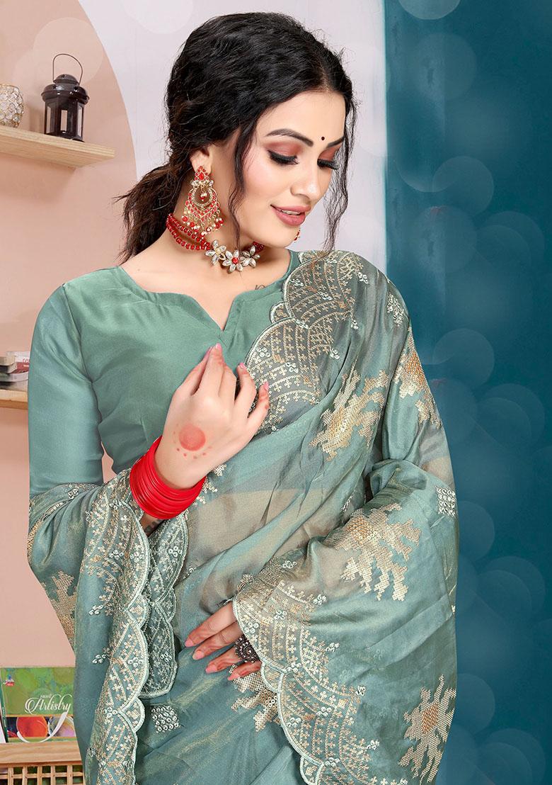 Dusty Firozi Embroidered Silk Saree Set - Indya