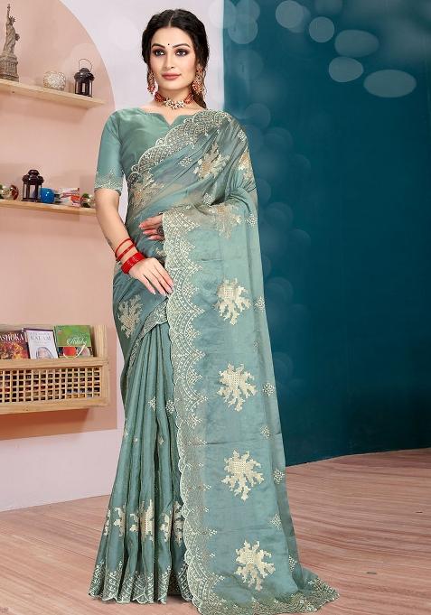 Dusty Firozi Embroidered Silk Saree Set