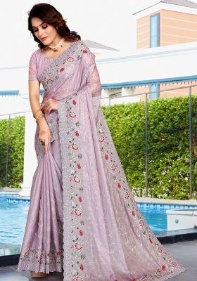 Lavender Embroidered Silk Saree Set