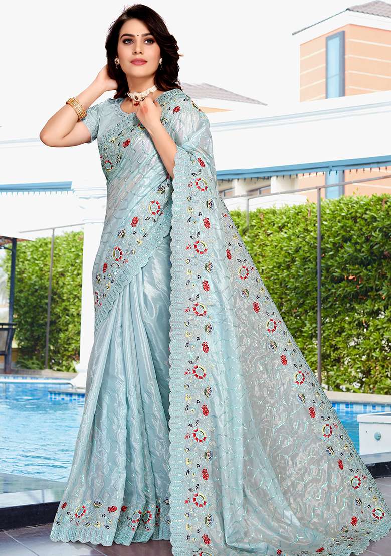 Sky Embroidered Silk Blend Saree Set - Indya