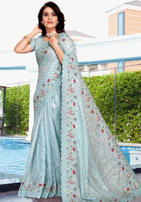 Sky Embroidered Silk Saree Set