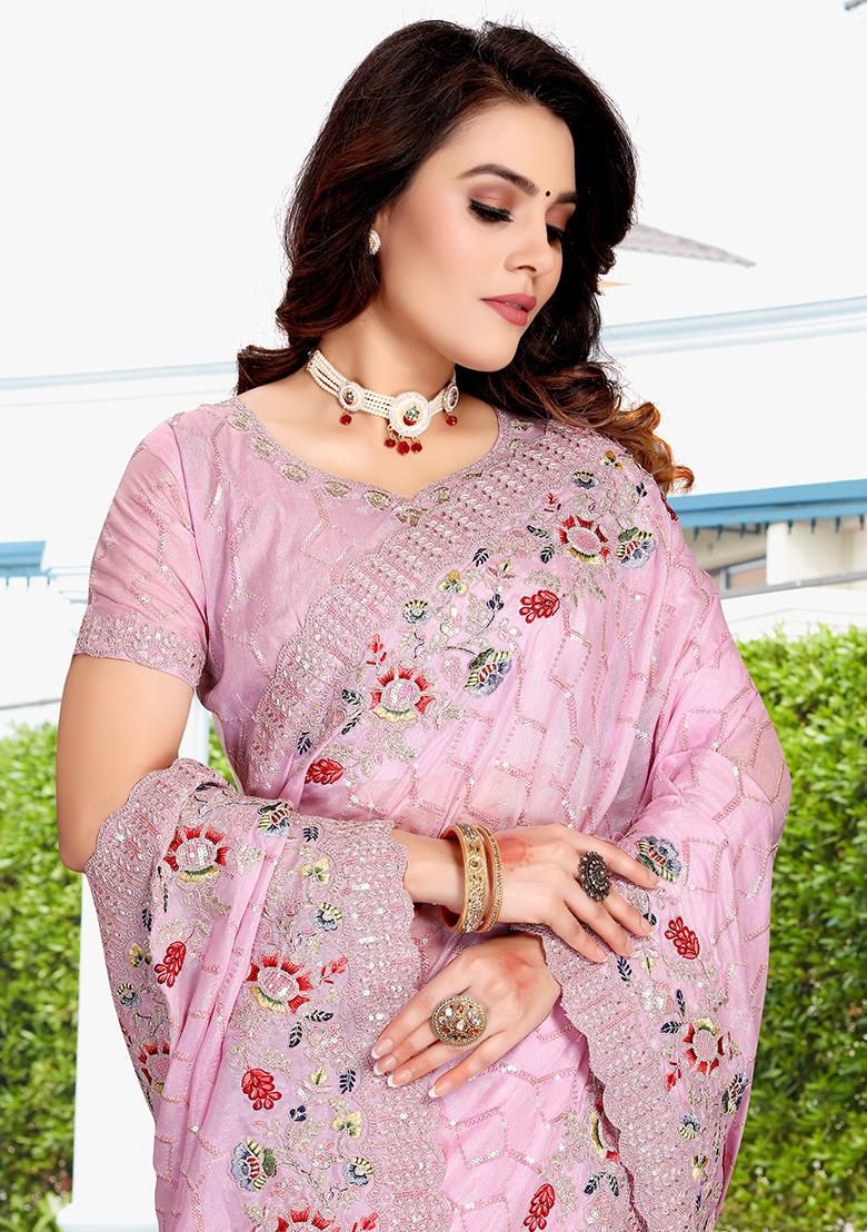 Beby Pink Embroidered Silk Saree Set - Indya